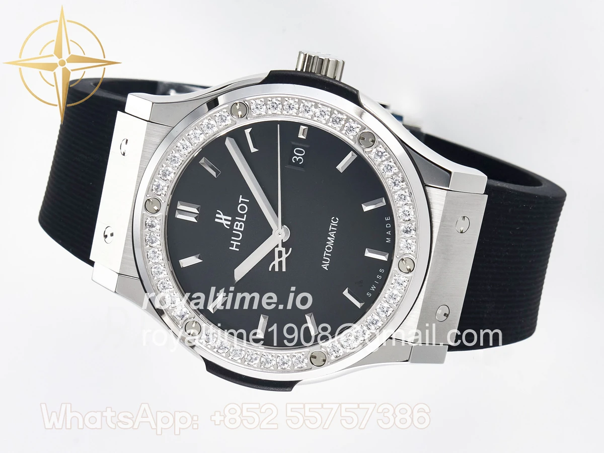 Hublot Classic Fusion Bang 42mm HBF Black Dial Diamonds Bezel on Black Rubber Strap A2892 - Image 8