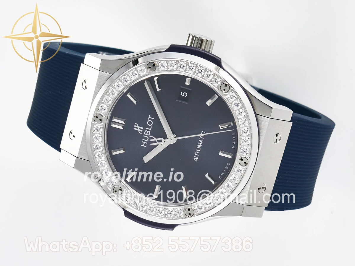 Hublot Classic Fusion Bang 42mm HBF Blue Dial Diamonds Bezel on Blue Rubber Strap A2892 - Image 8