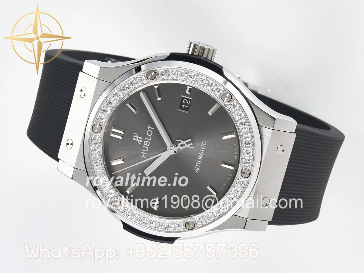 Hublot Classic Fusion Bang 42mm HBF Gray Dial Diamonds Bezel on Gray Rubber Strap A2892 - Image 8