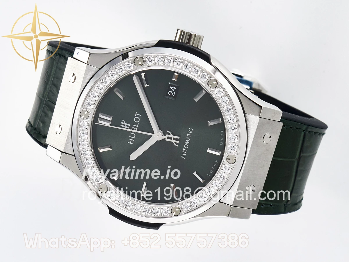 Hublot Classic Fusion Bang 42mm HBF Green Dial Diamonds Bezel on Green Leather Strap A2892 - Image 8