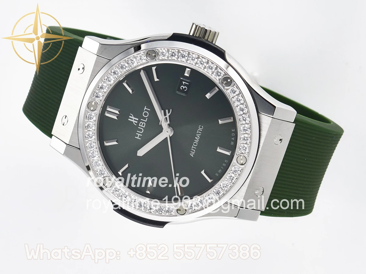 Hublot Classic Fusion Bang 42mm HBF Green Dial Diamonds Bezel on Green Rubber Strap A2892 - Image 8