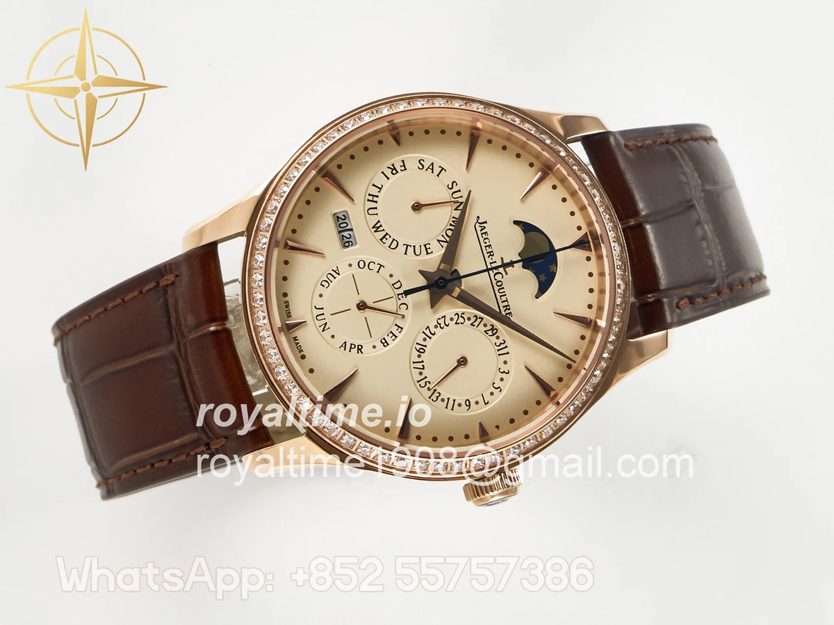 Jaeger-LeCoultre Master Ultra Thin Perpetual Calendar RG V9F Cream Dial Diamonds Bezel on Brown Leather Strap A868 V2 - Image 8