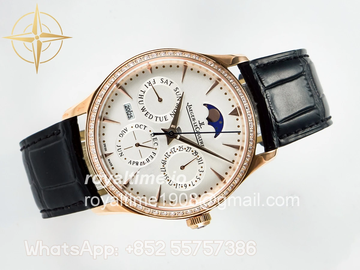 Jaeger-LeCoultre Master Ultra Thin Perpetual Calendar RG V9F White Dial Diamonds Bezel on Black Leather Strap A868 V2 - Image 8