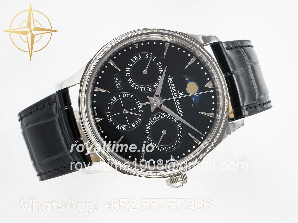 Jaeger-LeCoultre Master Ultra Thin Perpetual Calendar SS V9F Black Dial Diamonds Bezel on Black Leather Strap A868 V2 - Image 8