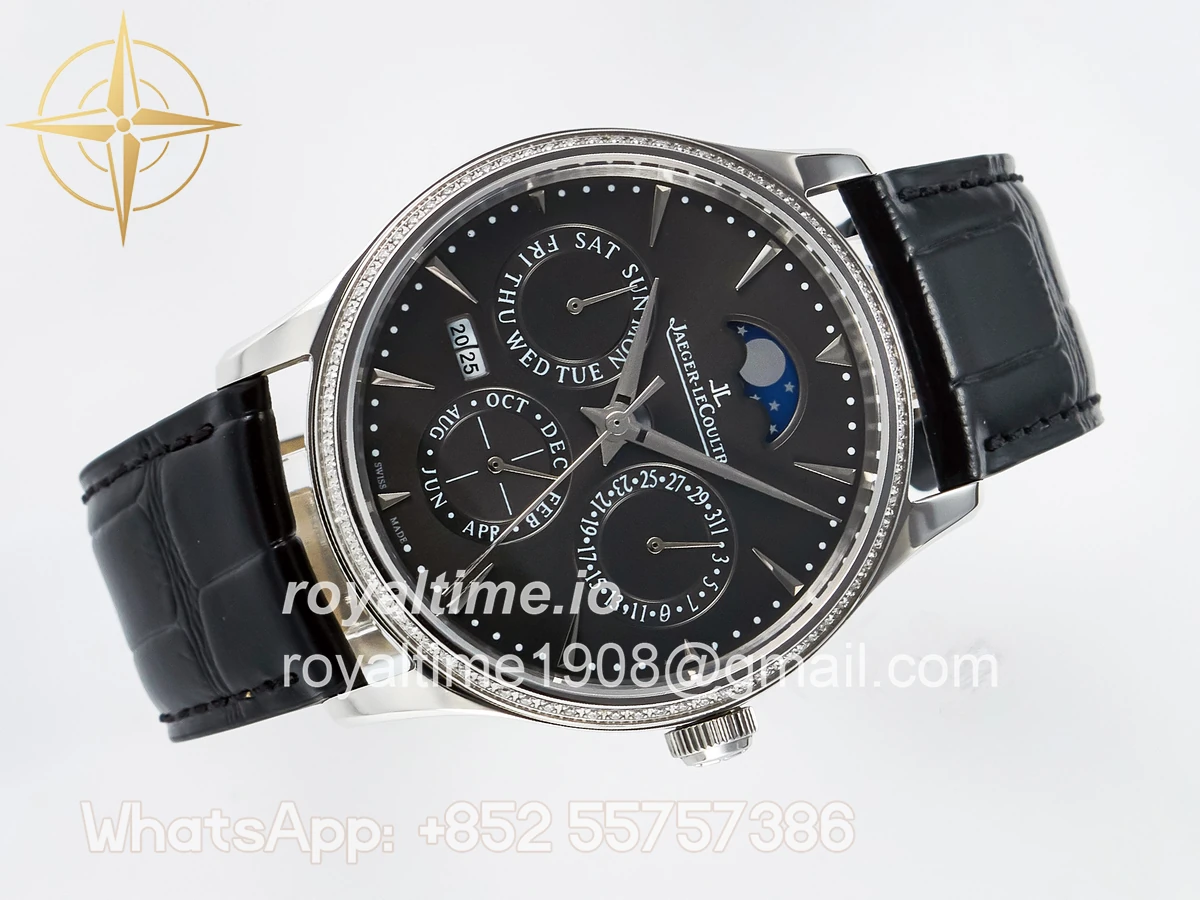 Jaeger-LeCoultre Master Ultra Thin Perpetual Calendar SS V9F Gray Dial Diamonds Bezel on Black Leather Strap A868 V2 - Image 8
