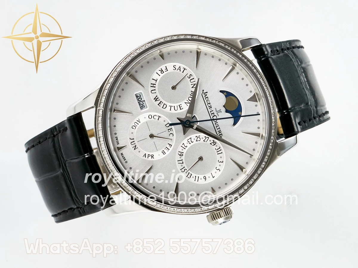 Jaeger-LeCoultre Master Ultra Thin Perpetual Calendar SS V9F White Dial Diamonds Bezel on Black Leather Strap A868 V2 - Image 8