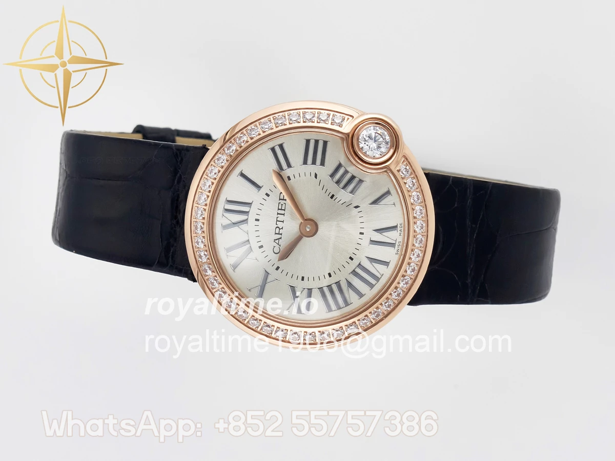 Cartier Ballon Blanc De Cartier 30mm RG DRF Silvered Texture Dial Diamonds Bezel on Black Leather Strap Ronda Quartz - Image 8