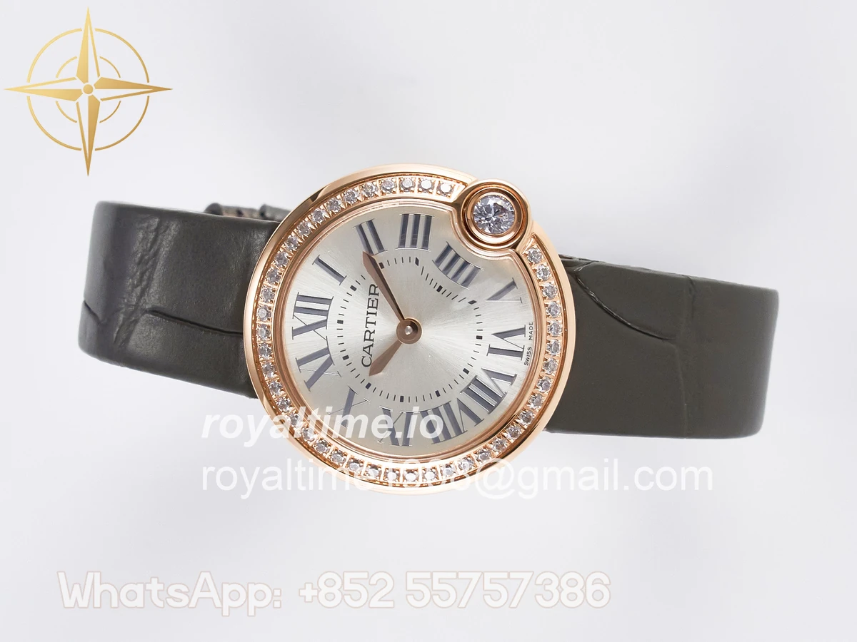 Cartier Ballon Blanc De Cartier 30mm RG DRF Silvered Texture Dial Diamonds Bezel on Green Leather Strap Ronda Quartz - Image 8