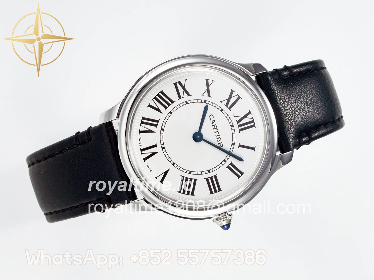 Cartier Ronde De Cartier 36mm DRF Sandblasted Silver-Plated White Dial on Black Leather Strap Ronda Quartz - Image 8