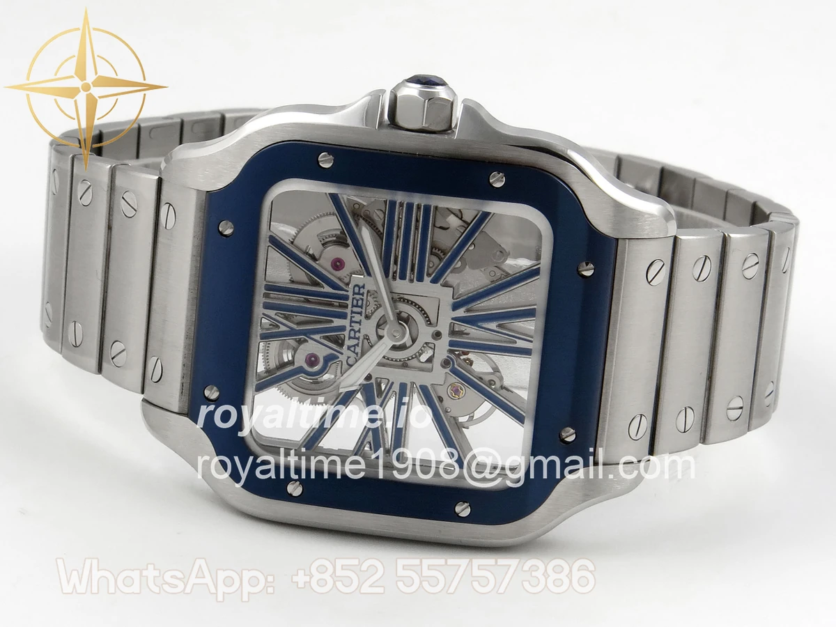 Cartier Santos de Cartier Skeleton SS MLF Skeleton Blue Skeleton Dial Blue Bezel on SS SmartLink Bracelet 9611MC - Image 8