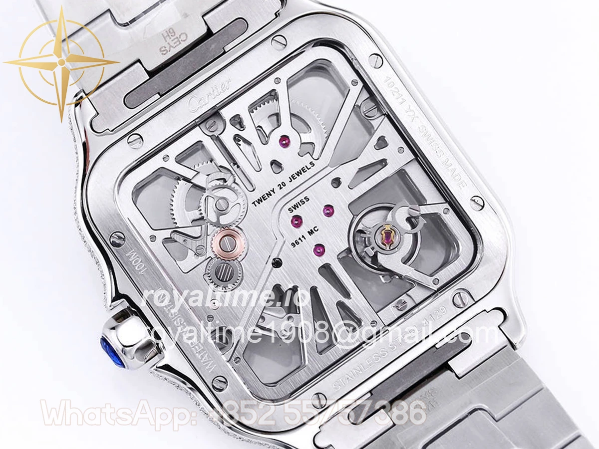 Cartier Santos De Cartier Watch Skeleton Dial Black Marker with Diamond Bezel in Steel - Image 8