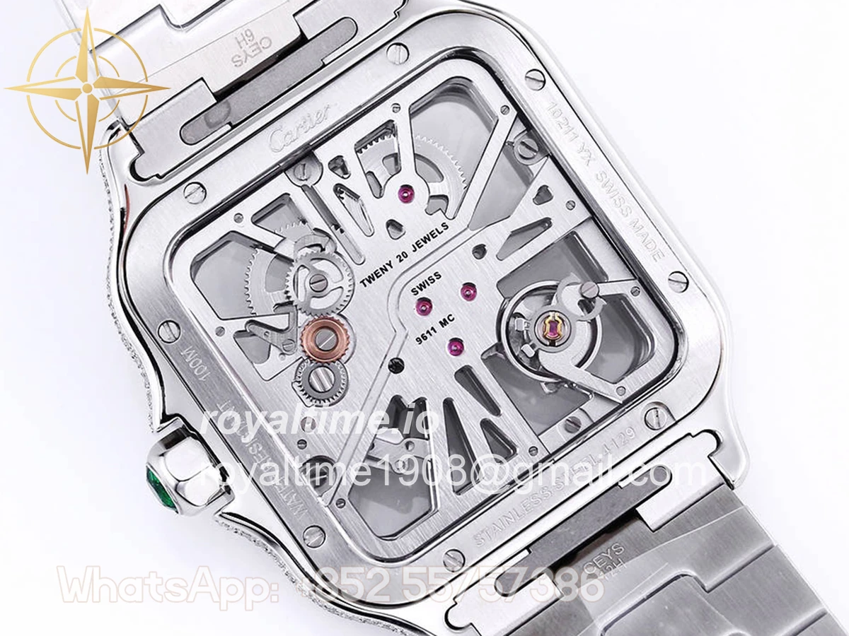 Cartier Santos De Cartier Watch Skeleton Dial Green Marker with Diamond Bezel in Steel - Image 8