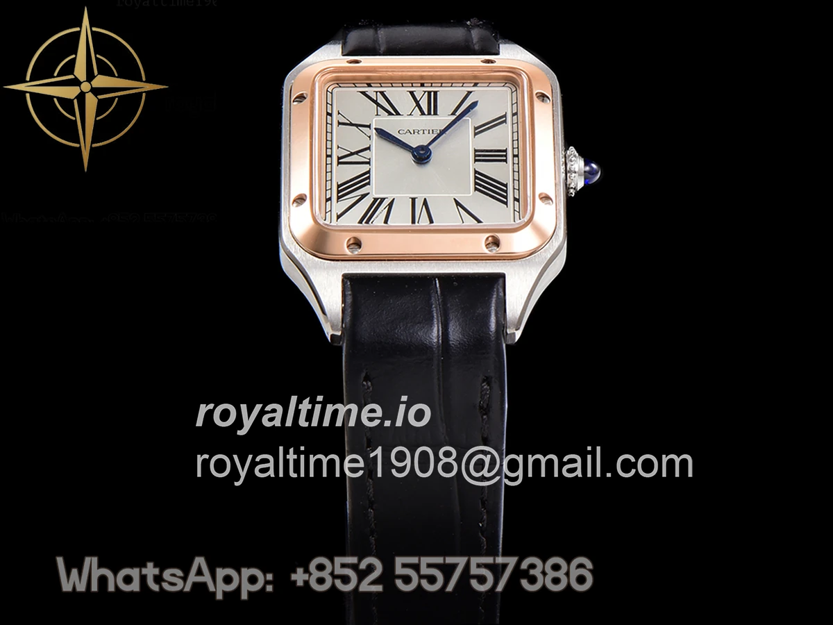 Cartier Santos-Dumont (Extra-Large) Silver Dial in Steel/Rose Gold on Black Leather Strap Ref. W2SA0017 - Image 8