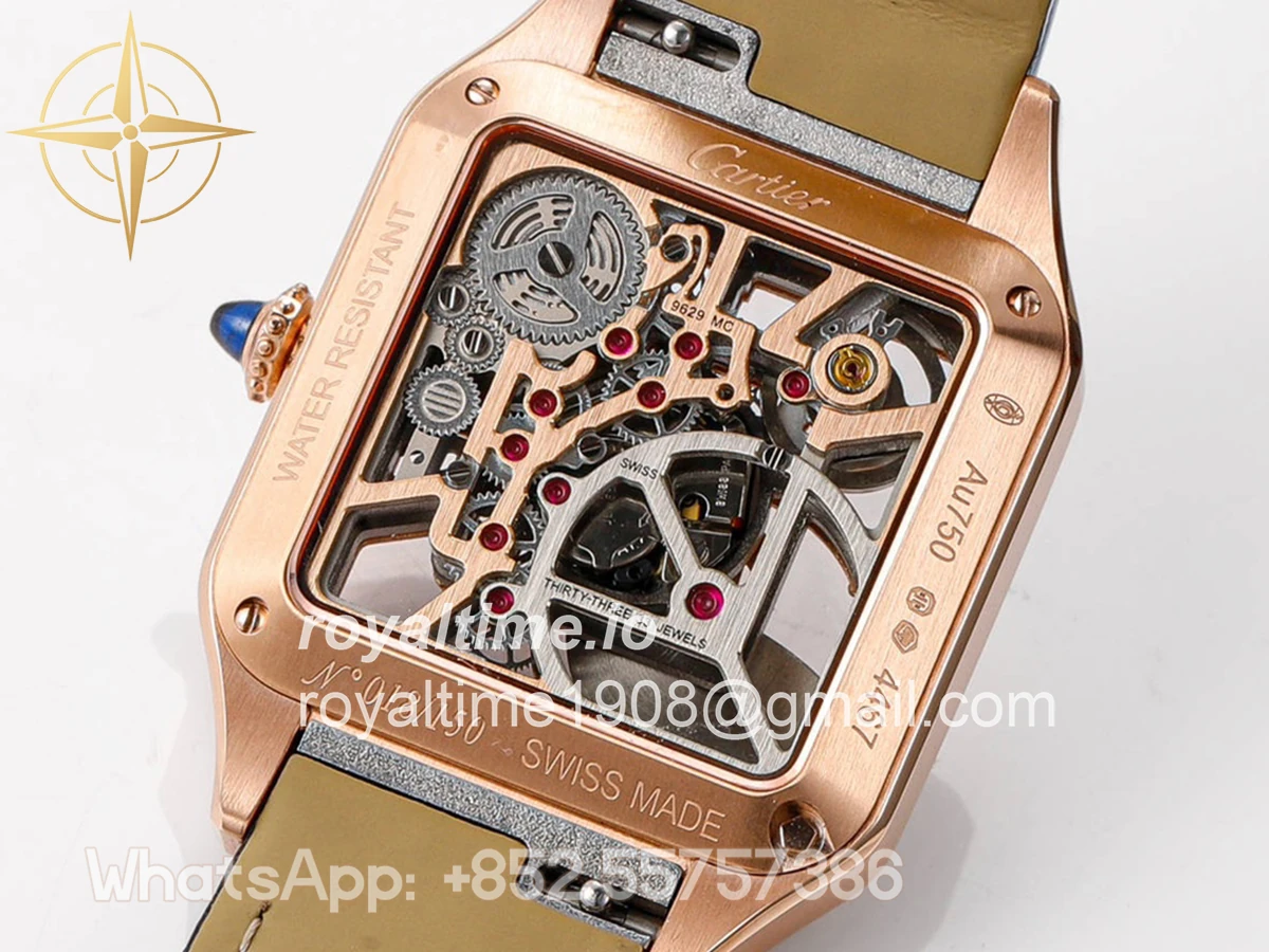 Cartier Santos-Dumont (Large) Skeleton Watch in Rose Gold on Black Leather Strap - Image 8