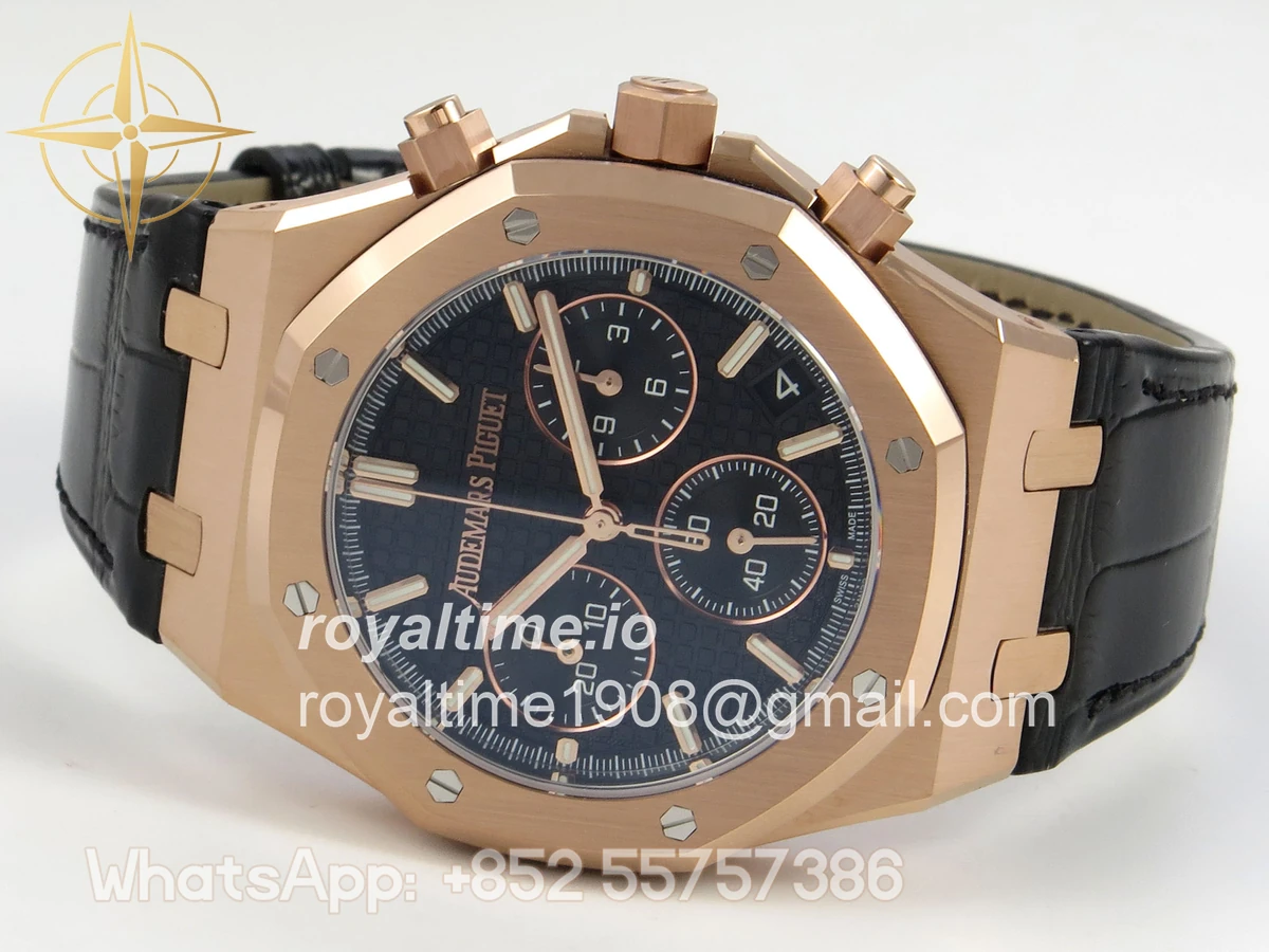 Audemars Piguet Royal Oak Chrono 26240 RG DDF Black Dial on Black Leather Strap DD4401 Gain Weight (SW Dial) - Image 8
