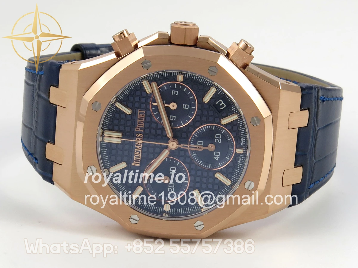 Audemars Piguet Royal Oak Chrono 26240 RG DDF Blue Dial on Blue Leather Strap DD4401 Gain Weight (SW Dial) - Image 8