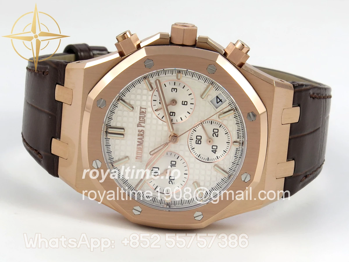 Audemars Piguet Royal Oak Chrono 26240 RG DDF White Dial on Brown Leather Strap DD4401 Gain Weight (SW Dial) - Image 8