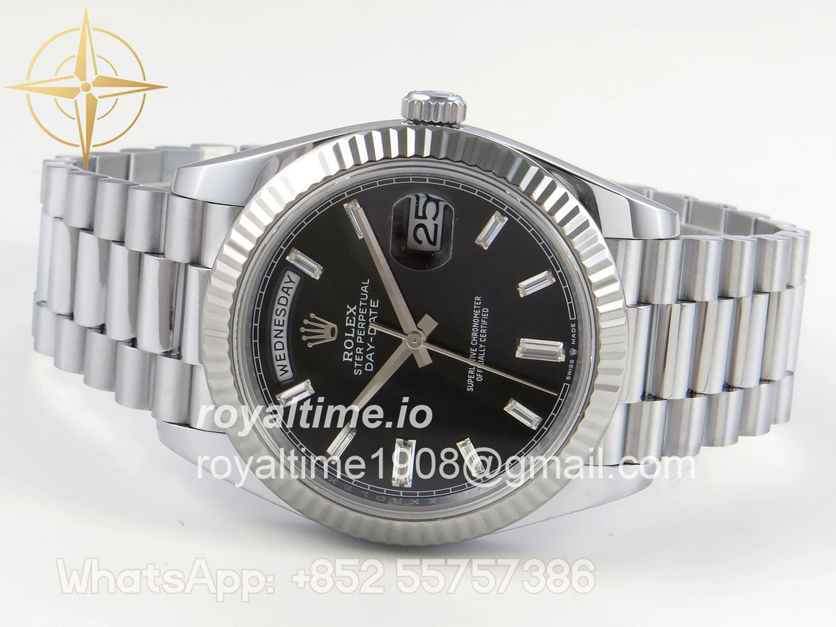 Rolex DayDate 40 SS QF 904L Steel Black Crystal Dial on President Bracelet VR3255 V8 (Gain Weight) - Image 9