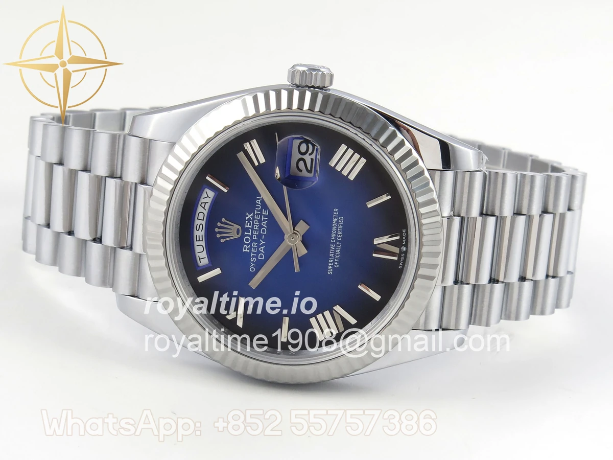 Rolex DayDate 40 SS QF 904L Steel Blue Ombre Roman Dial on President Bracelet VR3255 V8 (Gain Weight) - Image 9