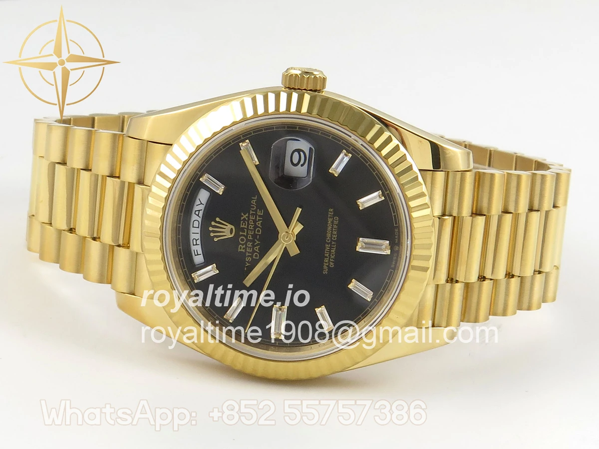 Rolex DayDate 40 YG QF 904L Steel Black Crystal Dial on President Bracelet VR3255 V8 (Gain Weight) - Image 9