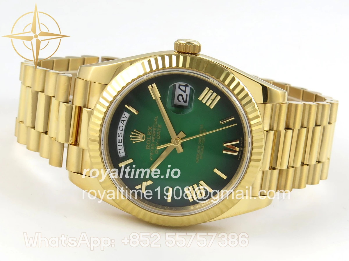 Rolex DayDate 40 YG QF 904L Steel Green Ombre Roman Dial on President Bracelet VR3255 V8 (Gain Weight) - Image 9