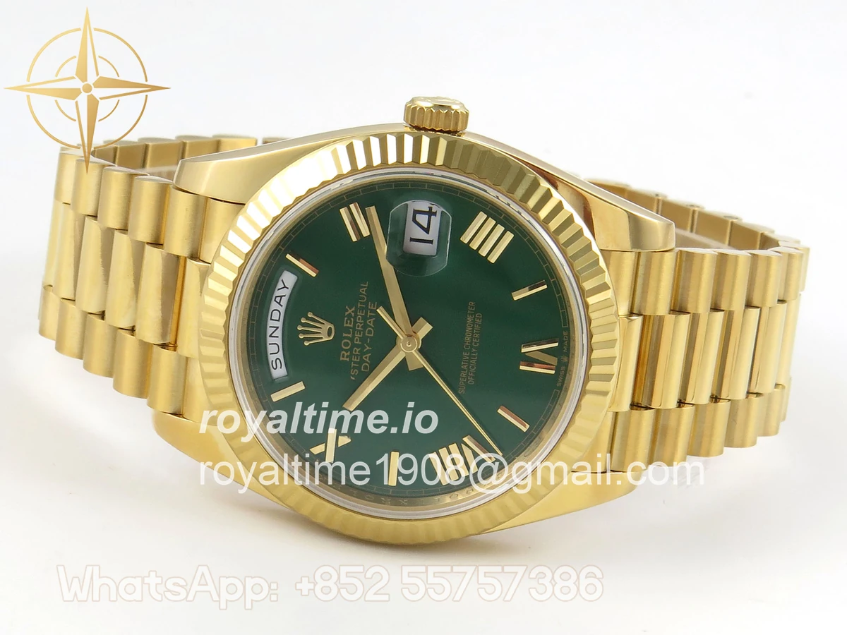 Rolex DayDate 40 YG QF 904L Steel Green Roman Dial on President Bracelet VR3255 V8 (Gain Weight) - Image 9