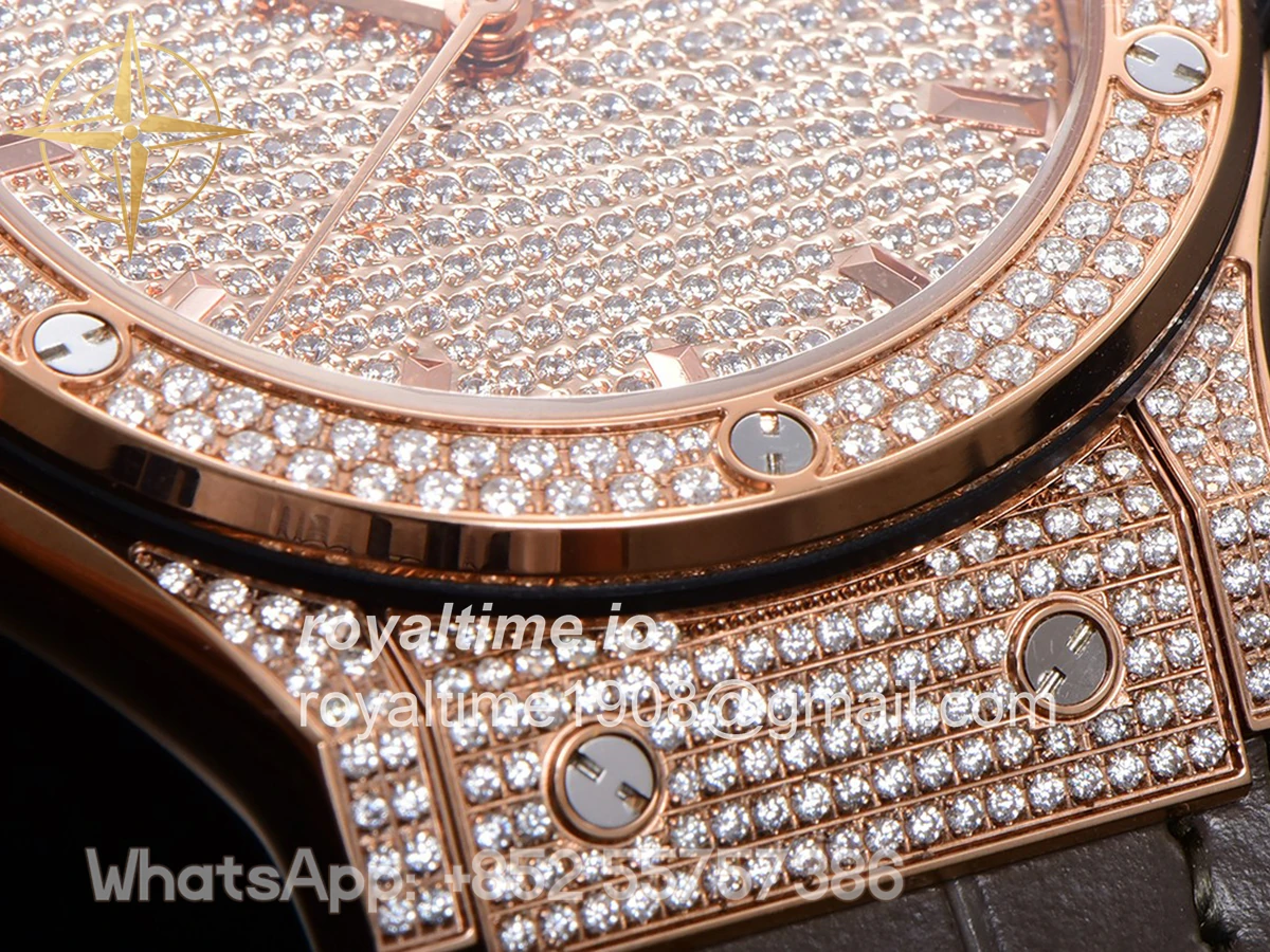 Hublot Classic Fusion Automatic 42mm Diamond Paved Dial in Rose Gold on Brown Leather Strap - Image 10