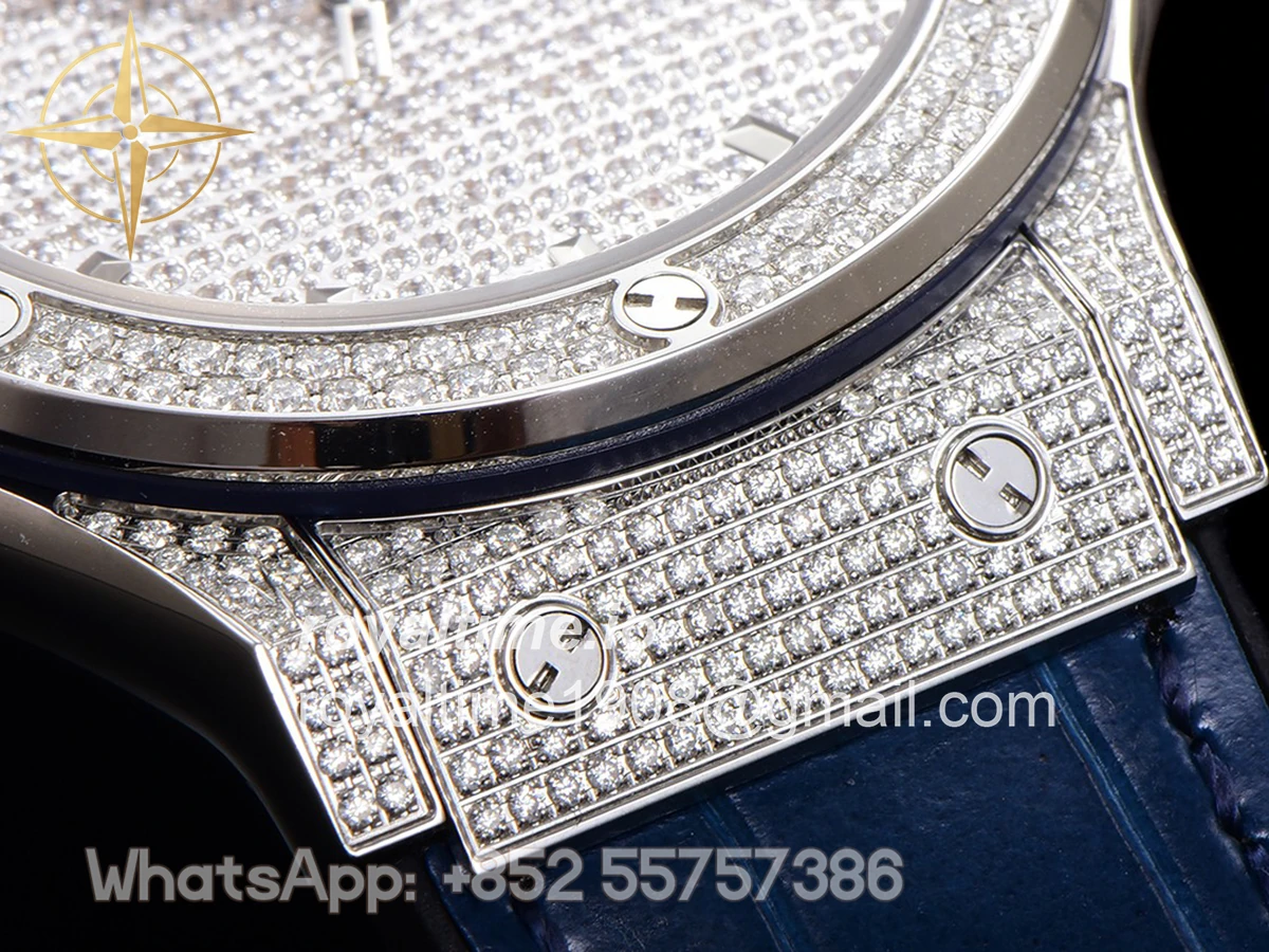 Hublot Classic Fusion Automatic 42mm Diamond Paved Dial in Steel on Blue Leather Strap - Image 10