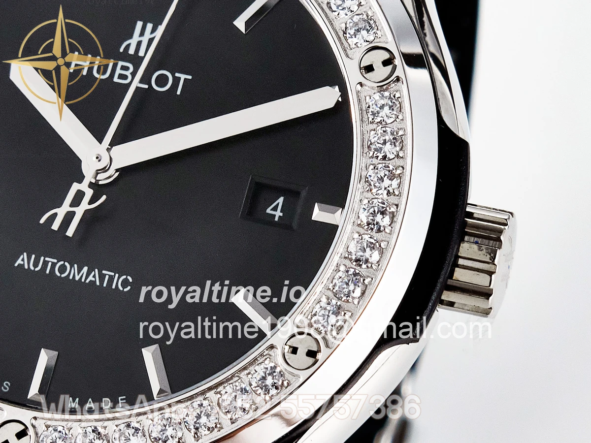 Hublot Classic Fusion Bang 42mm HBF Black Dial Diamonds Bezel on Black Leather Strap A2892 - Image 10