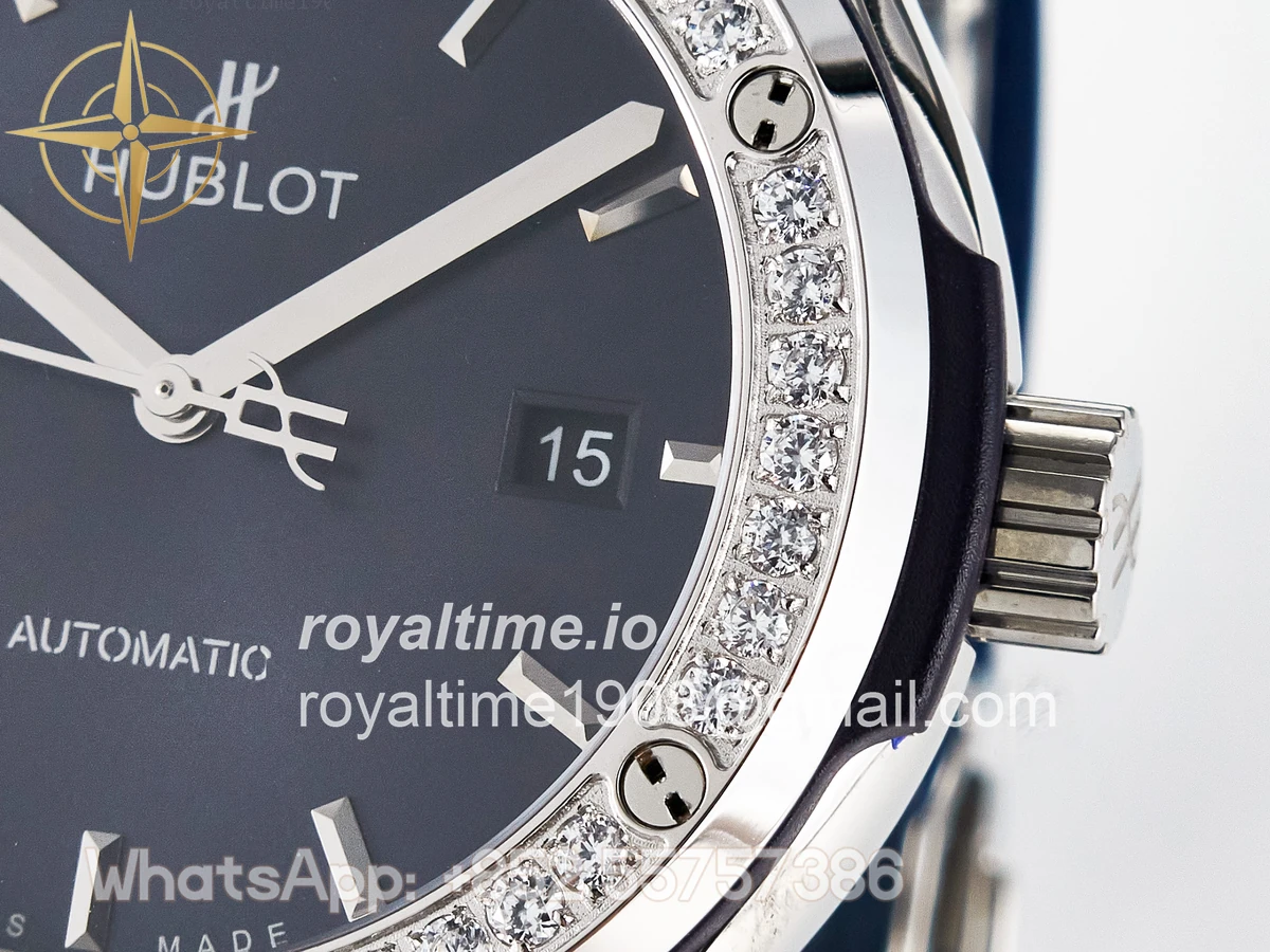 Hublot Classic Fusion Bang 42mm HBF Blue Dial Diamonds Bezel on Blue Leather Strap A2892 - Image 10