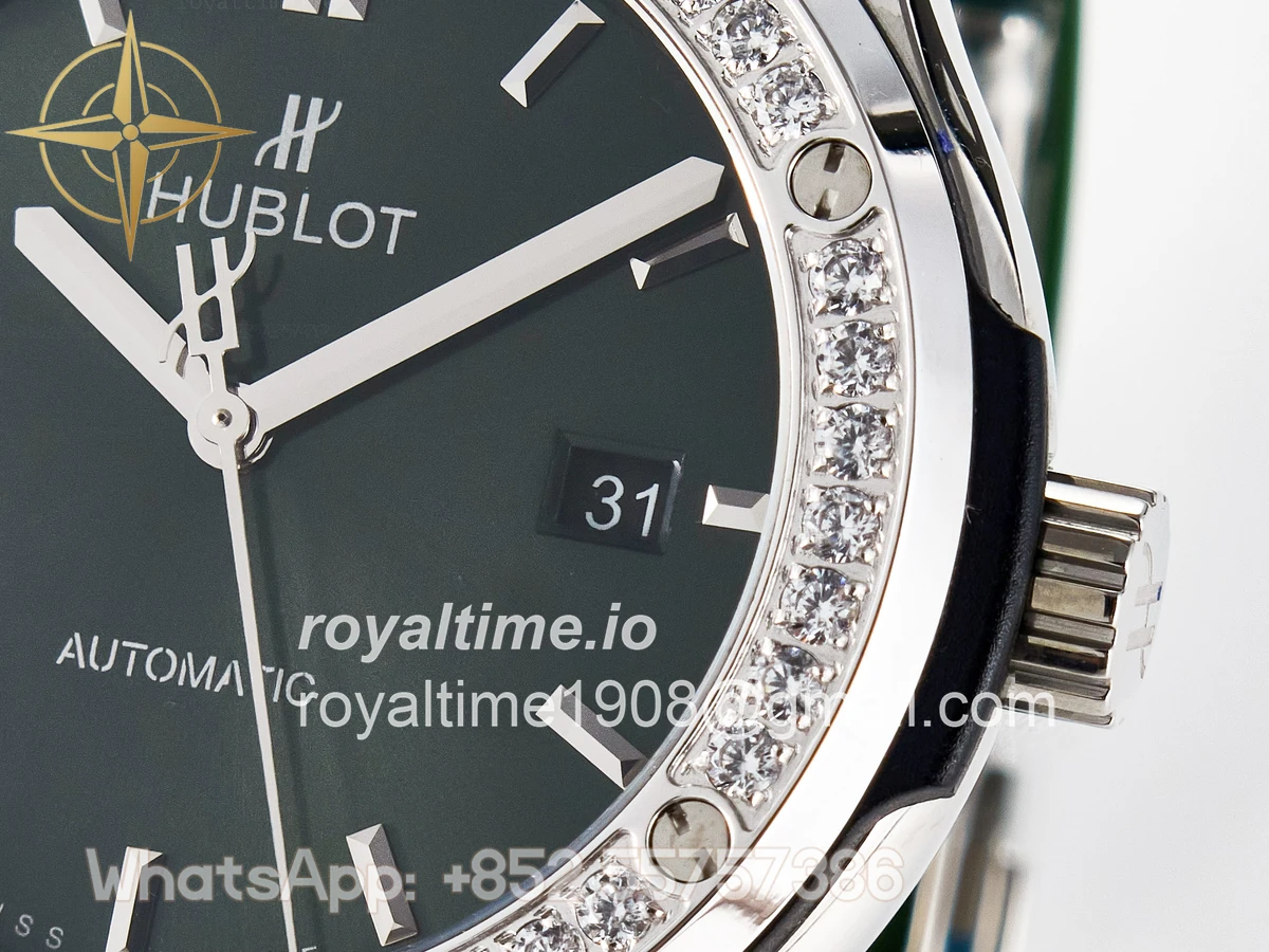 Hublot Classic Fusion Bang 42mm HBF Green Dial Diamonds Bezel on Green Rubber Strap A2892 - Image 10