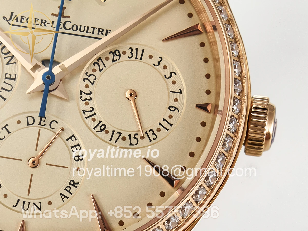 Jaeger-LeCoultre Master Ultra Thin Perpetual Calendar RG V9F Cream Dial Diamonds Bezel on Brown Leather Strap A868 V2 - Image 10