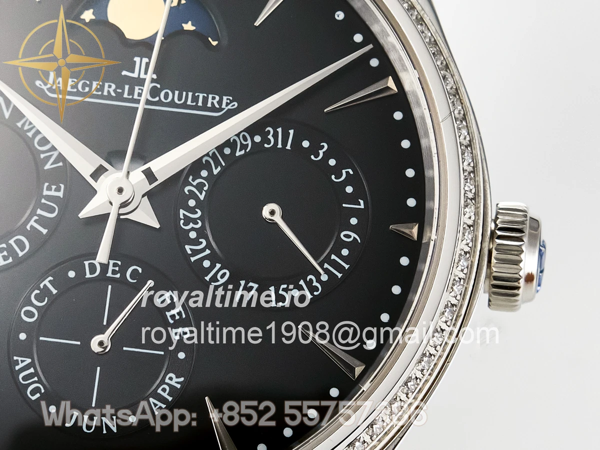 Jaeger-LeCoultre Master Ultra Thin Perpetual Calendar SS V9F Black Dial Diamonds Bezel on Black Leather Strap A868 V2 - Image 10