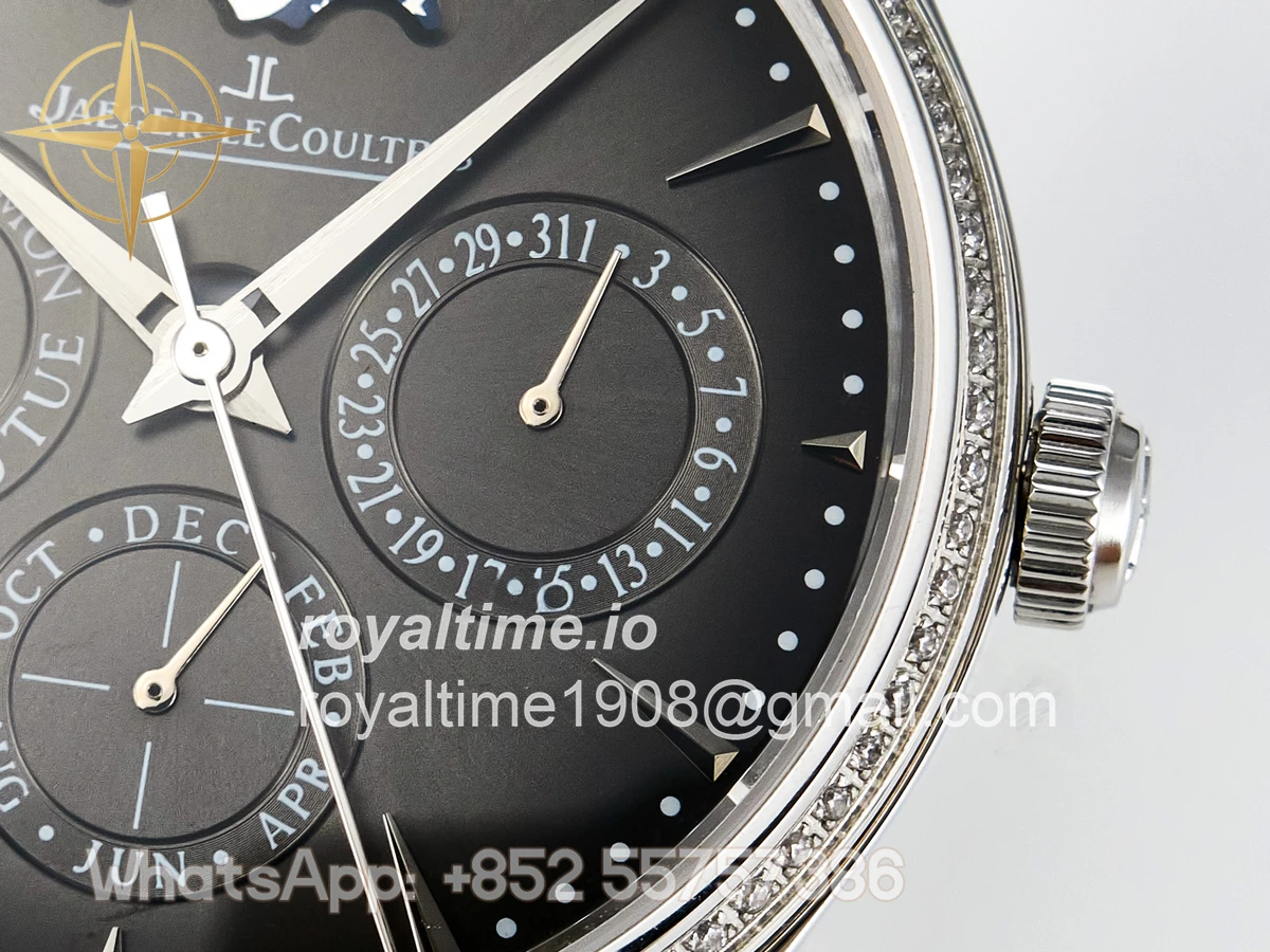 Jaeger-LeCoultre Master Ultra Thin Perpetual Calendar SS V9F Gray Dial Diamonds Bezel on Black Leather Strap A868 V2 - Image 10