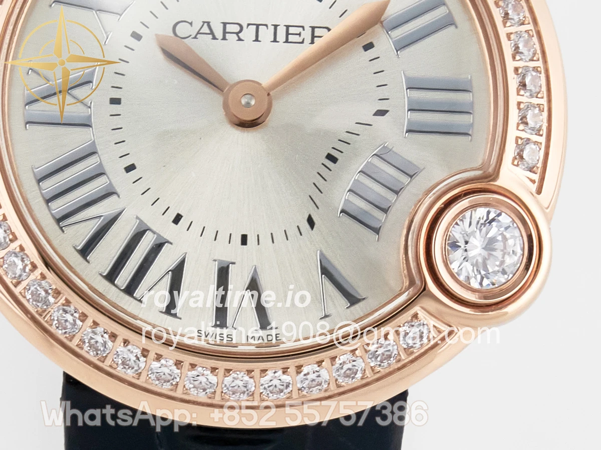 Cartier Ballon Blanc De Cartier 30mm RG DRF Silvered Texture Dial Diamonds Bezel on Black Leather Strap Ronda Quartz - Image 10