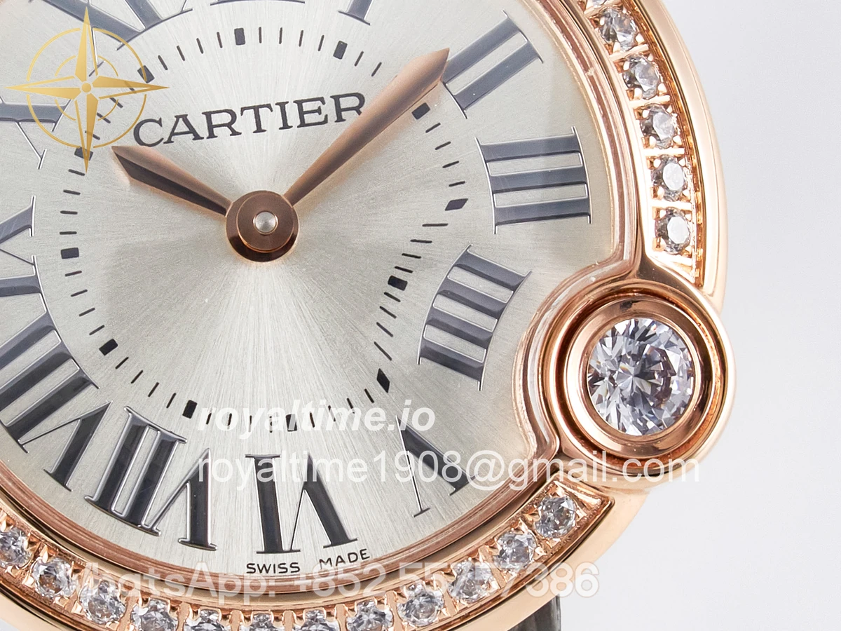 Cartier Ballon Blanc De Cartier 30mm RG DRF Silvered Texture Dial Diamonds Bezel on Green Leather Strap Ronda Quartz - Image 10