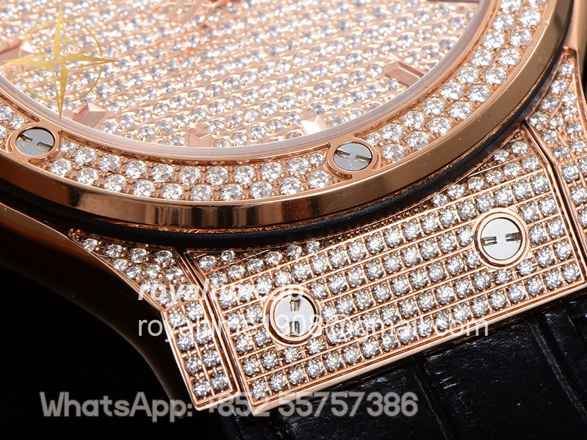 Hublot Classic Fusion Automatic 42mm Diamond Paved Dial in Rose Gold on Black Leather Strap - Image 11