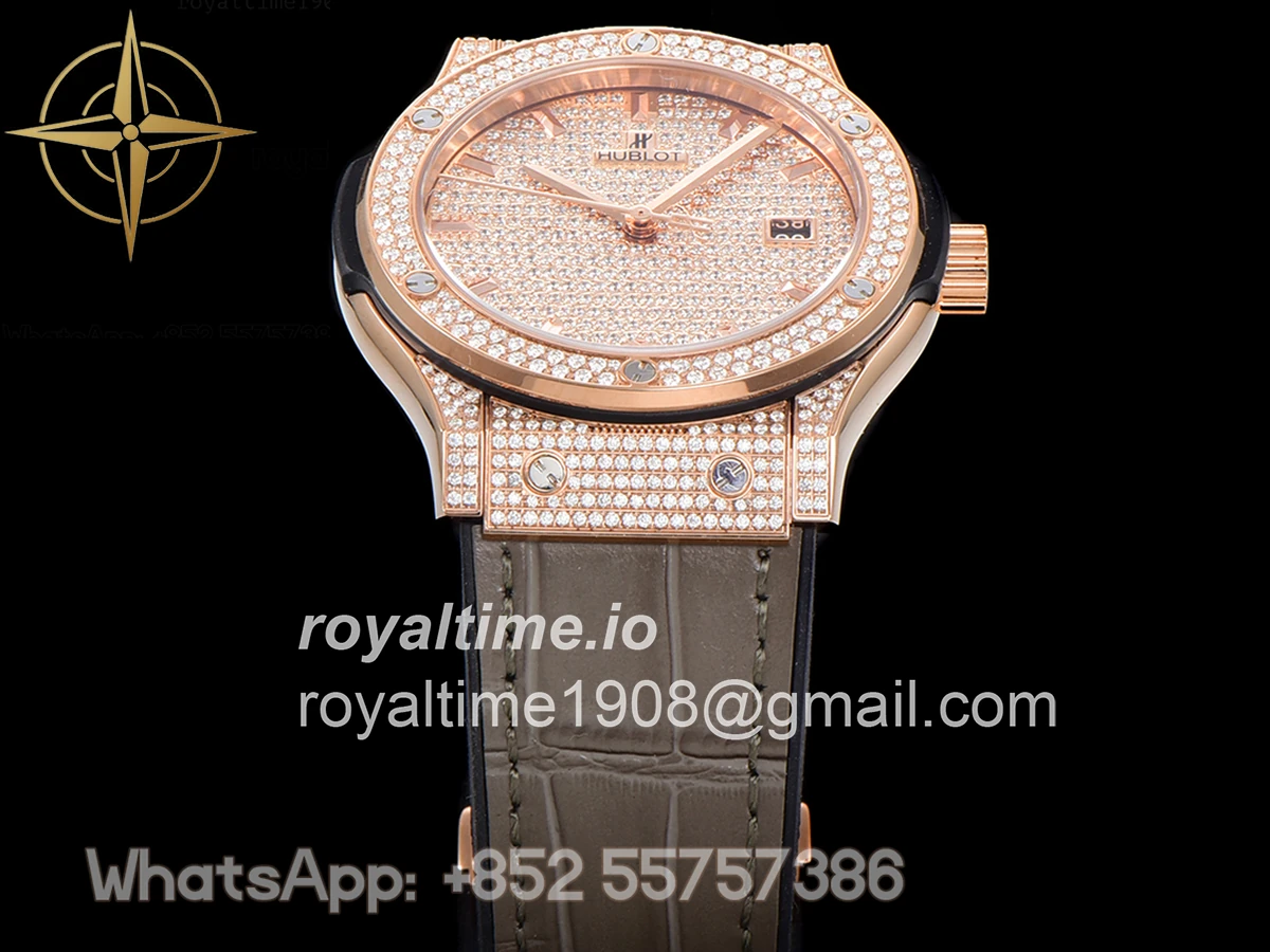 Hublot Classic Fusion Automatic 42mm Diamond Paved Dial in Rose Gold on Brown Leather Strap - Image 11