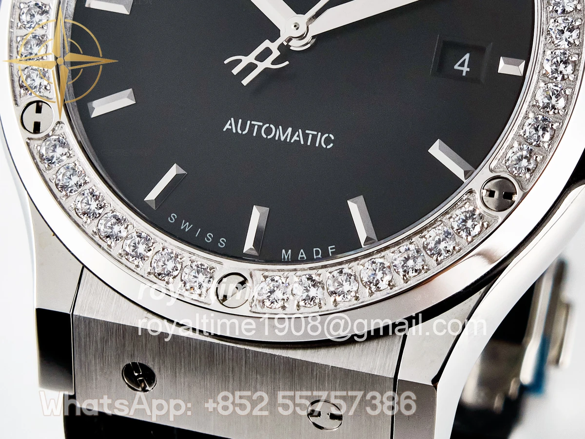 Hublot Classic Fusion Bang 42mm HBF Black Dial Diamonds Bezel on Black Leather Strap A2892 - Image 11