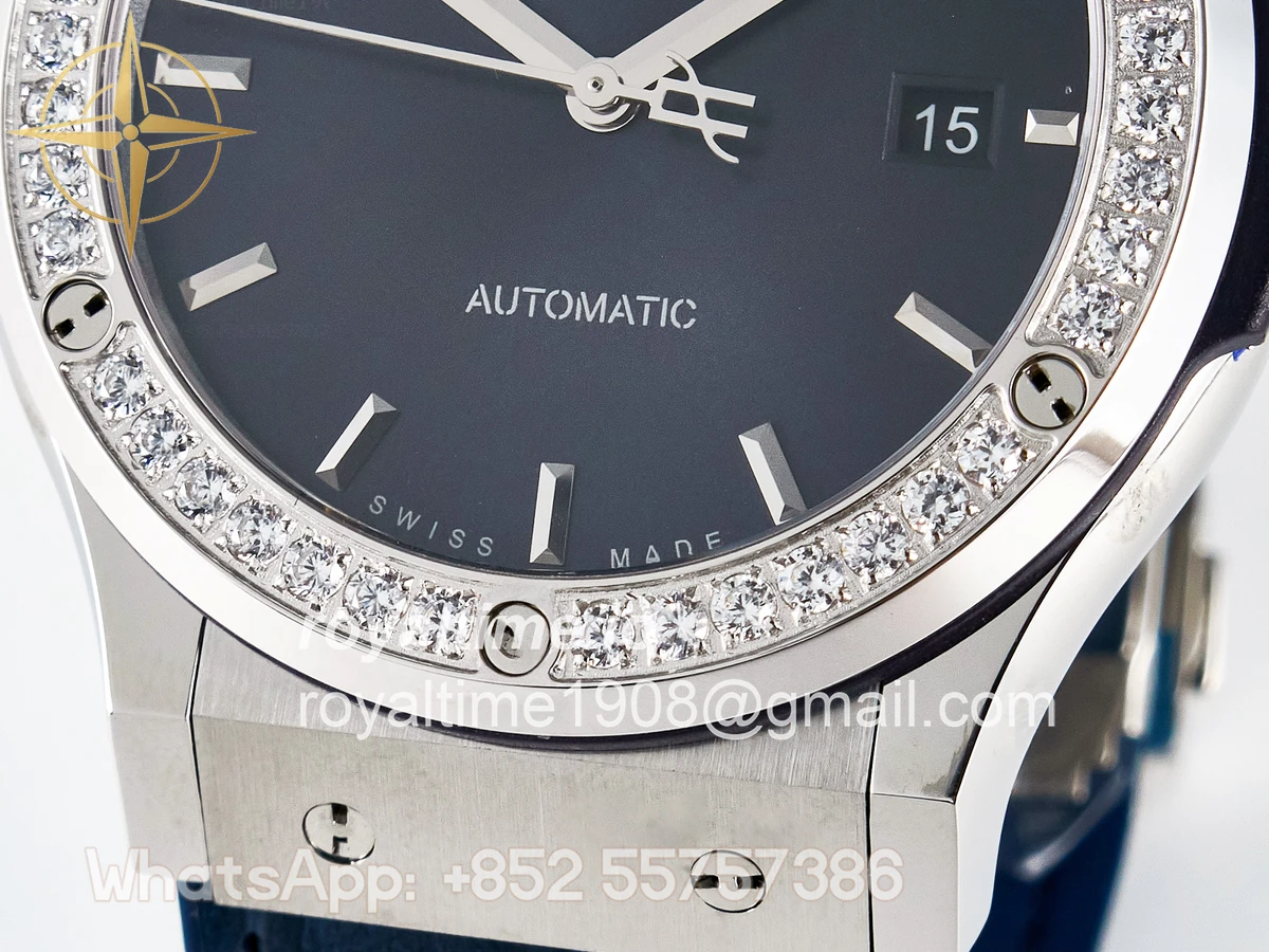 Hublot Classic Fusion Bang 42mm HBF Blue Dial Diamonds Bezel on Blue Leather Strap A2892 - Image 11