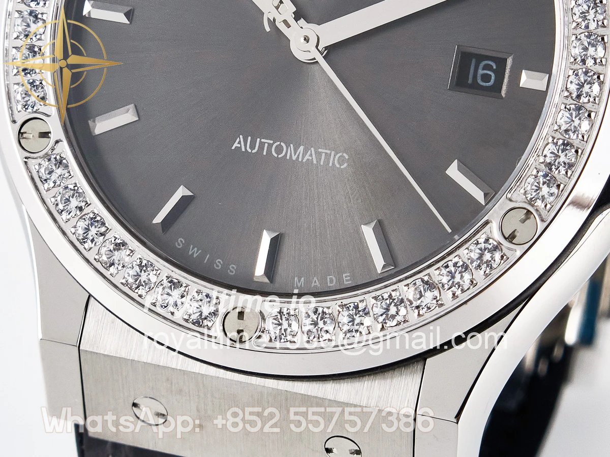 Hublot Classic Fusion Bang 42mm HBF Gray Dial Diamonds Bezel on Gray Leather Strap A2892 - Image 11