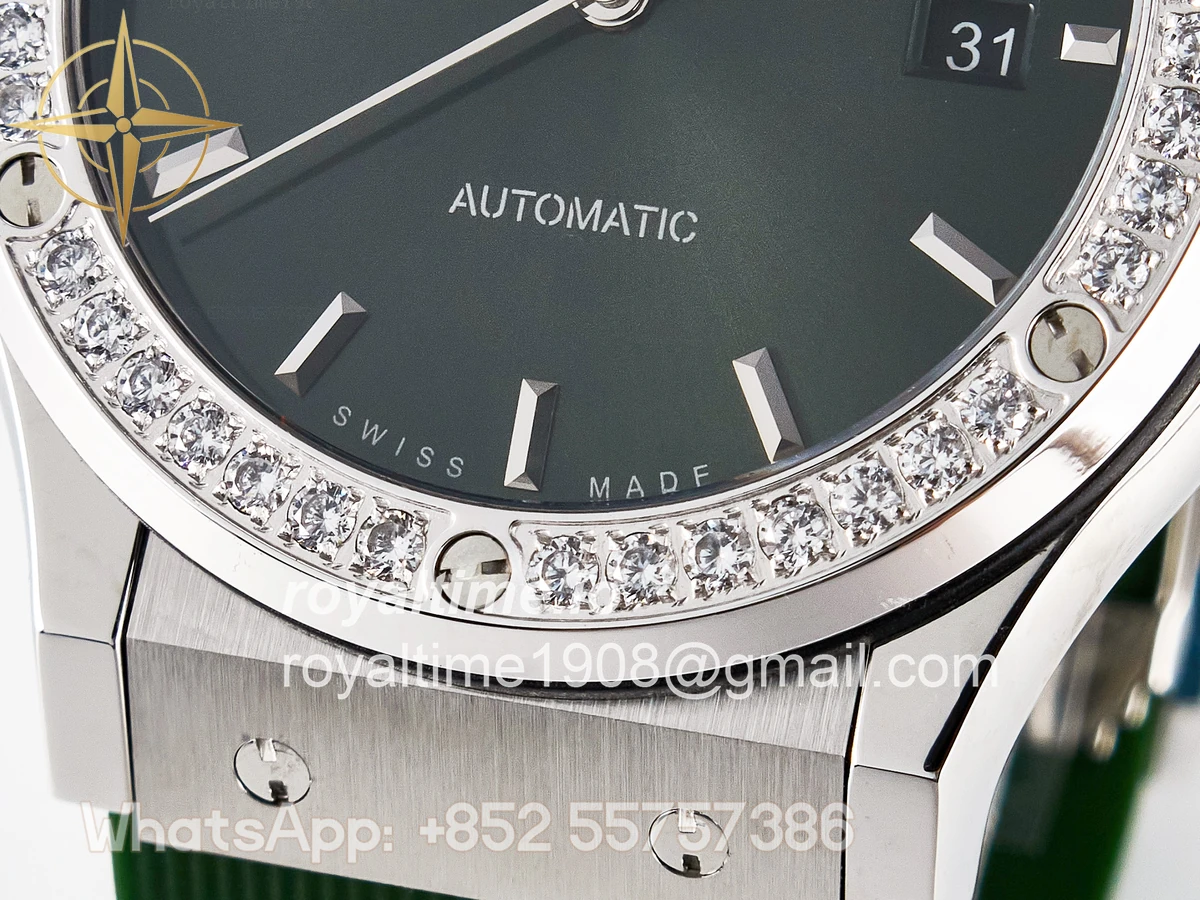 Hublot Classic Fusion Bang 42mm HBF Green Dial Diamonds Bezel on Green Rubber Strap A2892 - Image 11