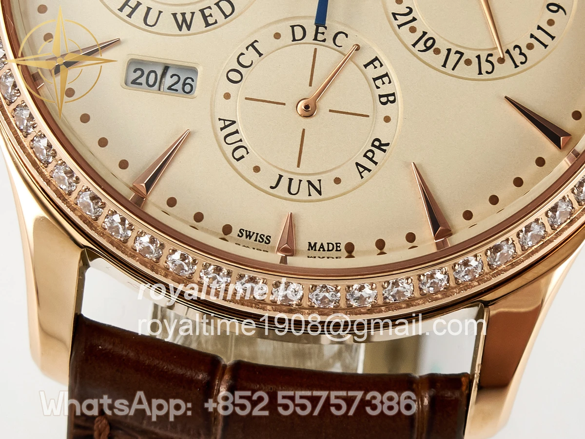Jaeger-LeCoultre Master Ultra Thin Perpetual Calendar RG V9F Cream Dial Diamonds Bezel on Brown Leather Strap A868 V2 - Image 11