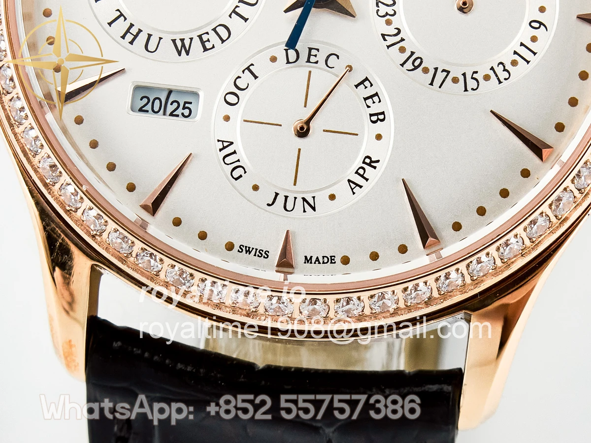 Jaeger-LeCoultre Master Ultra Thin Perpetual Calendar RG V9F White Dial Diamonds Bezel on Black Leather Strap A868 V2 - Image 11