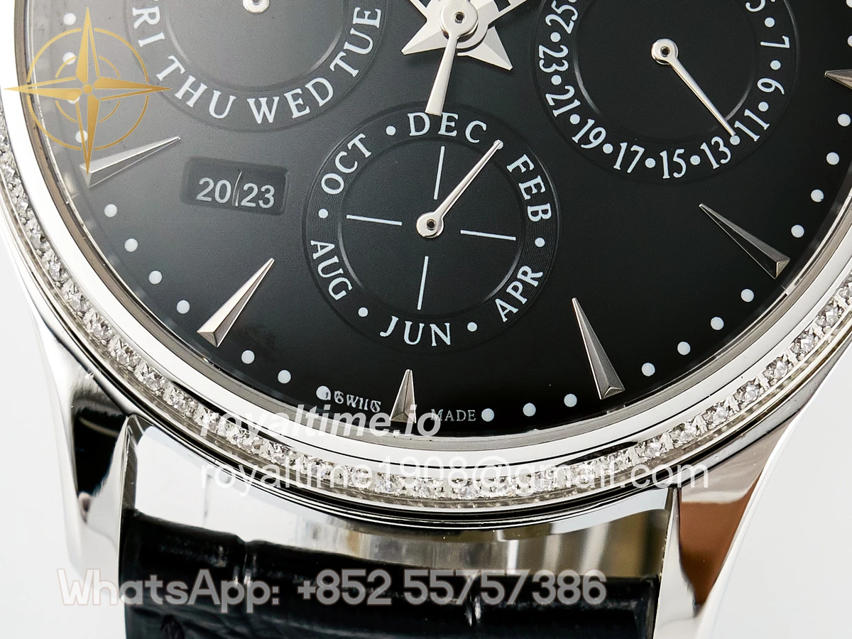 Jaeger-LeCoultre Master Ultra Thin Perpetual Calendar SS V9F Black Dial Diamonds Bezel on Black Leather Strap A868 V2 - Image 11