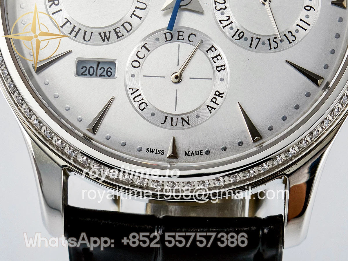 Jaeger-LeCoultre Master Ultra Thin Perpetual Calendar SS V9F White Dial Diamonds Bezel on Black Leather Strap A868 V2 - Image 11