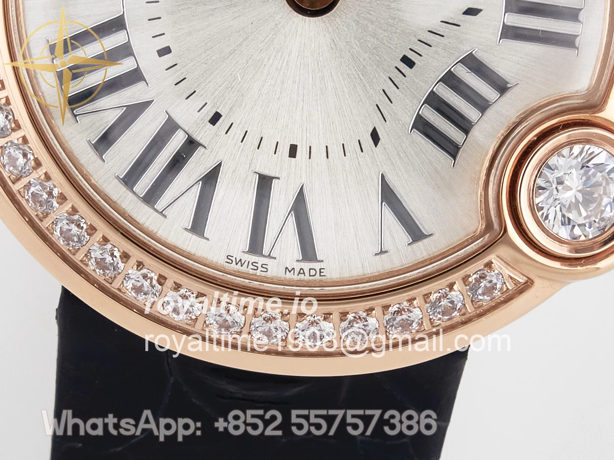 Cartier Ballon Blanc De Cartier 30mm RG DRF Silvered Texture Dial Diamonds Bezel on Black Leather Strap Ronda Quartz - Image 11