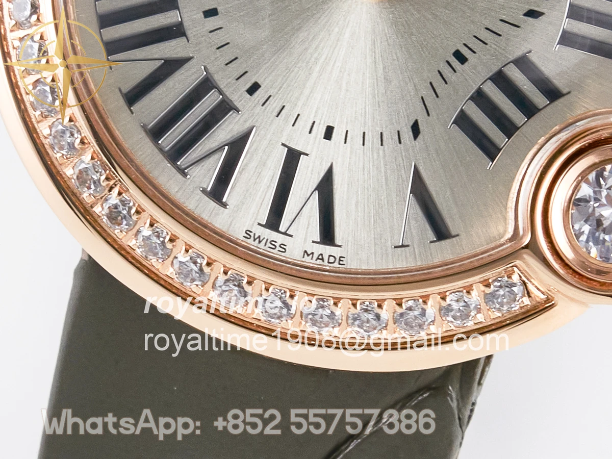 Cartier Ballon Blanc De Cartier 30mm RG DRF Silvered Texture Dial Diamonds Bezel on Green Leather Strap Ronda Quartz - Image 11