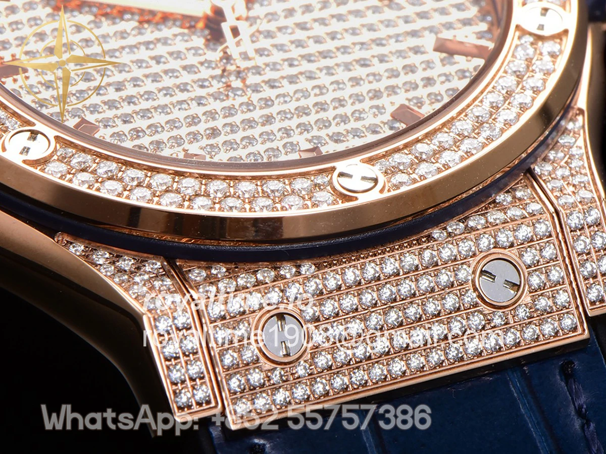 Hublot Classic Fusion Automatic 42mm Diamond Paved Dial in Rose Gold on Blue Leather Strap - Image 12