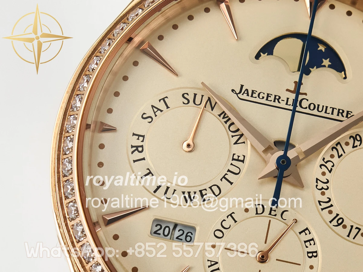 Jaeger-LeCoultre Master Ultra Thin Perpetual Calendar RG V9F Cream Dial Diamonds Bezel on Brown Leather Strap A868 V2 - Image 12